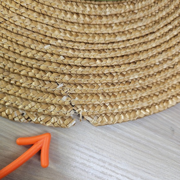 Vintage Straw Sun Hat Womens Natural Tan Green Sash Bow Wide Brim Garden Beach - Picture 8 of 11